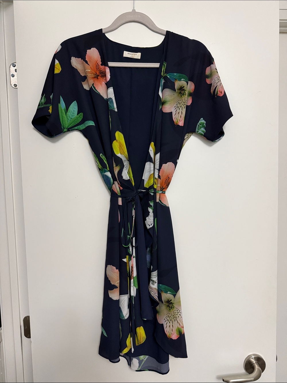 Babaton Navy Floral Tie-Waist Mini Dress